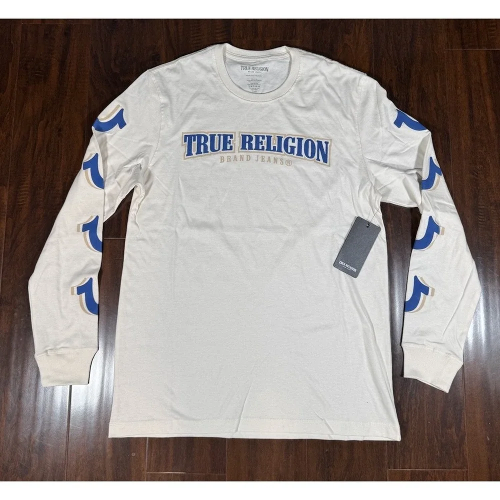 TRUE RELIGION Repeated 3D Horseshoe Long Sleeve Shirt Off White Mens M *NEW* $69